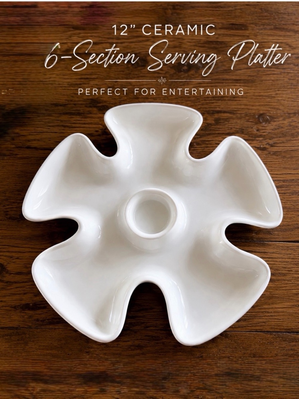 12" White Ceramic 6-Section Appetizer Platter or Seder Serving Plate